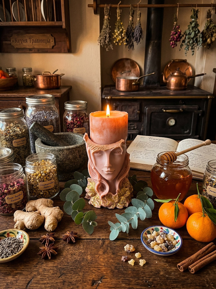 "Hearth Witch" candle styled in cozy interior, luxury home decor by ConelAlma ESP