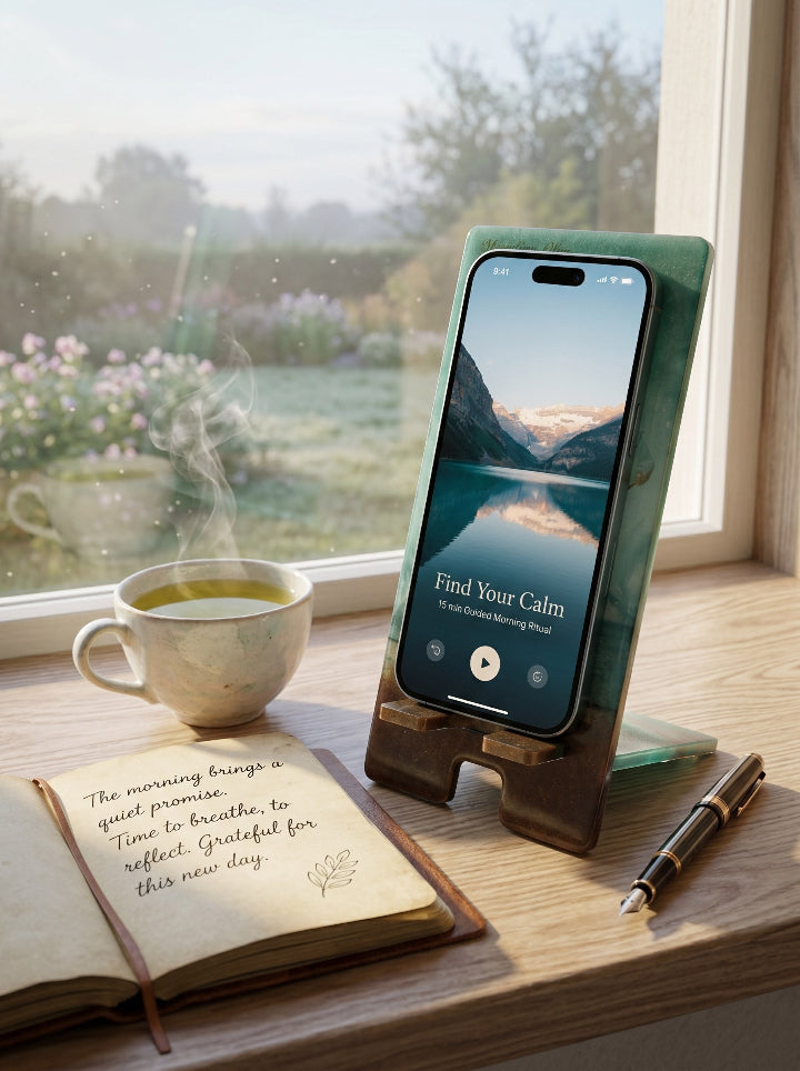 Custom resin phone stand with personal photo — unique desk accessory, made in Spain