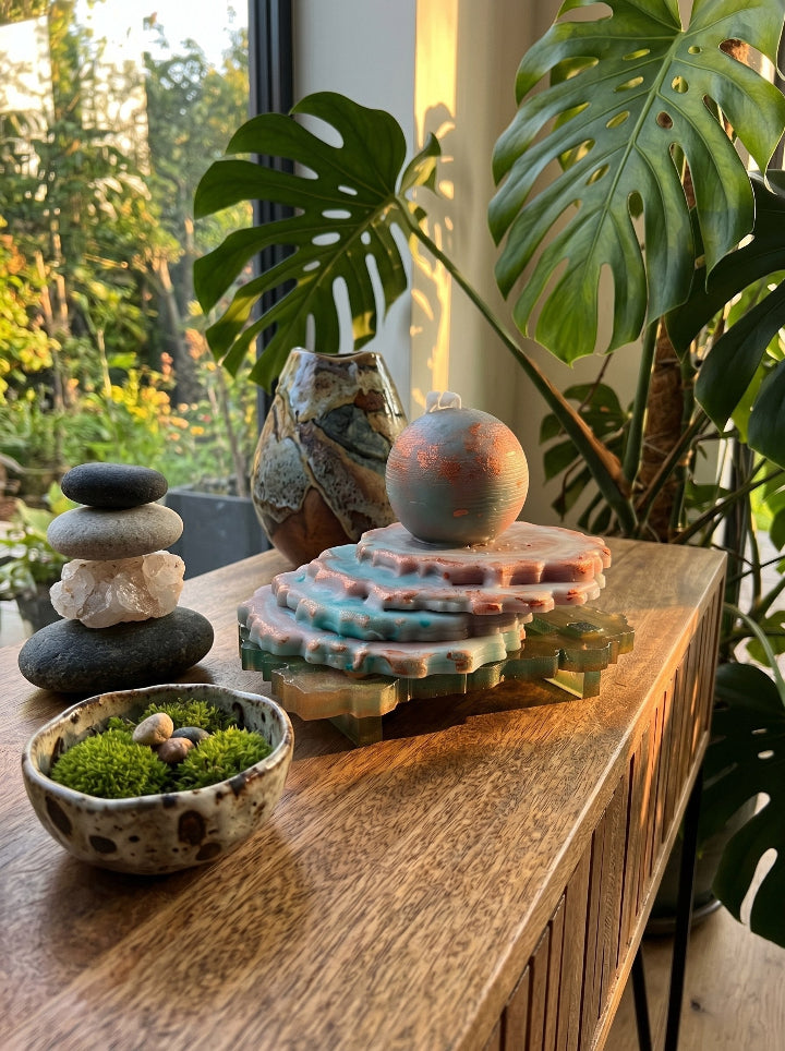 "GAIA" beeswax candle on resin stand – natural texture, home decor centerpiece