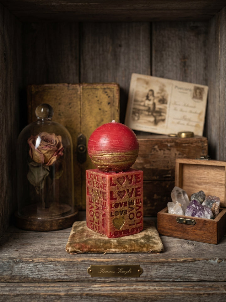"Word Is Love" beeswax candle – side view, Pompeian Red
