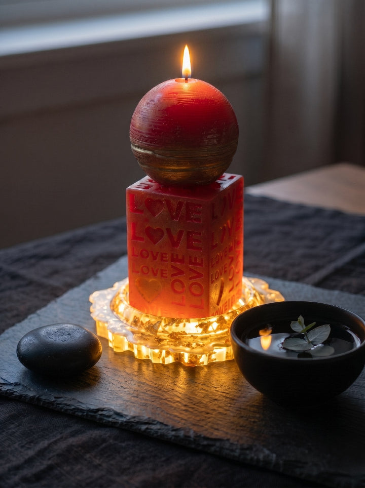 "Word Is Love" beeswax candle on LED resin stand