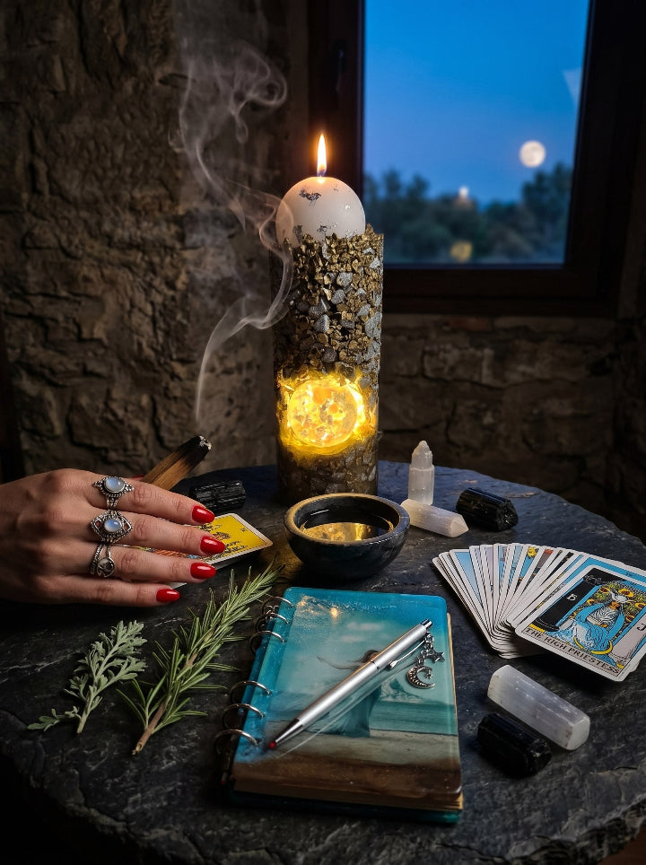 "Solstice Pillar" beeswax candle on stone resin stand – ritual altar setting