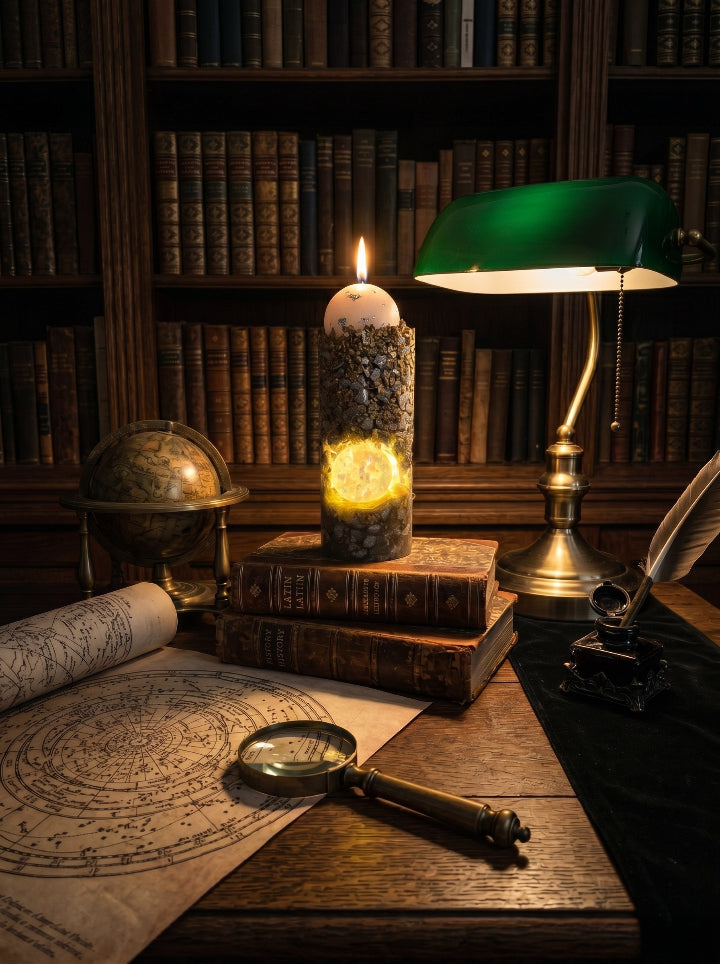 "Solstice Pillar" candle on LED stone resin stand – library lifestyle shot