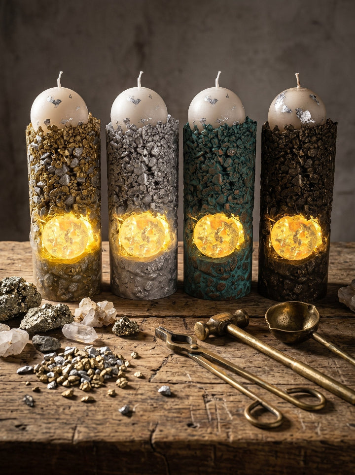 "Solstice Pillar" candle set – gold, silver, copper, bronze beeswax pillars on resin stands