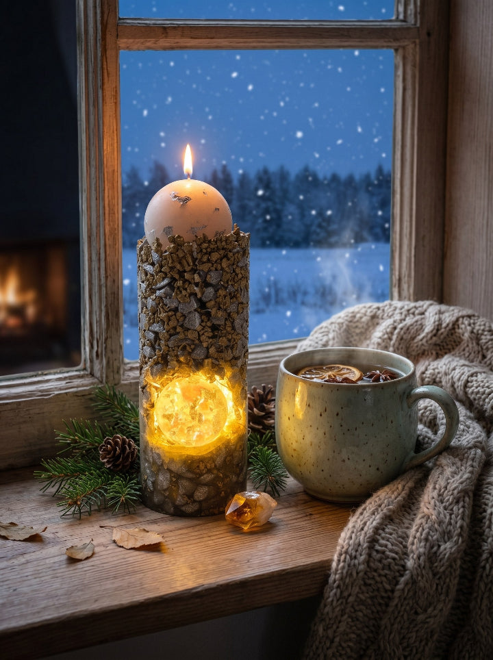 "Solstice Pillar" handcrafted beeswax candle on LED stone resin stand – winter mood