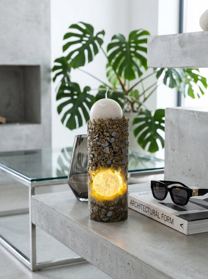 Decorative lamp with pebbles on a table with books and sunglasses in a modern interior setting.