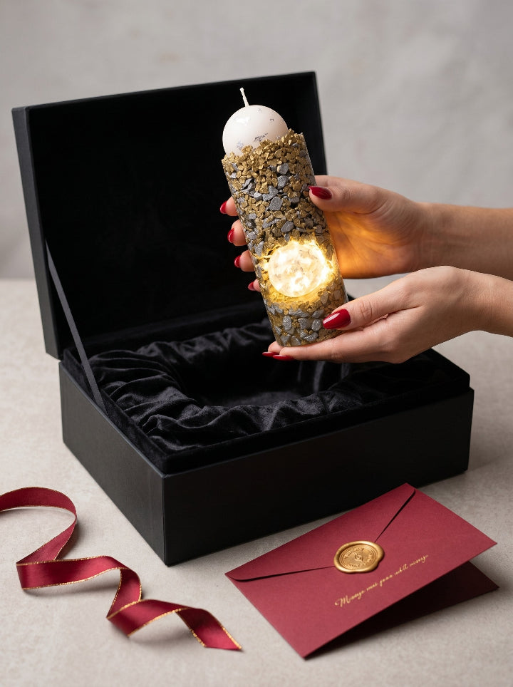 "Solstice Pillar" candle with LED resin stand in premium gift box – ConelAlma ESP