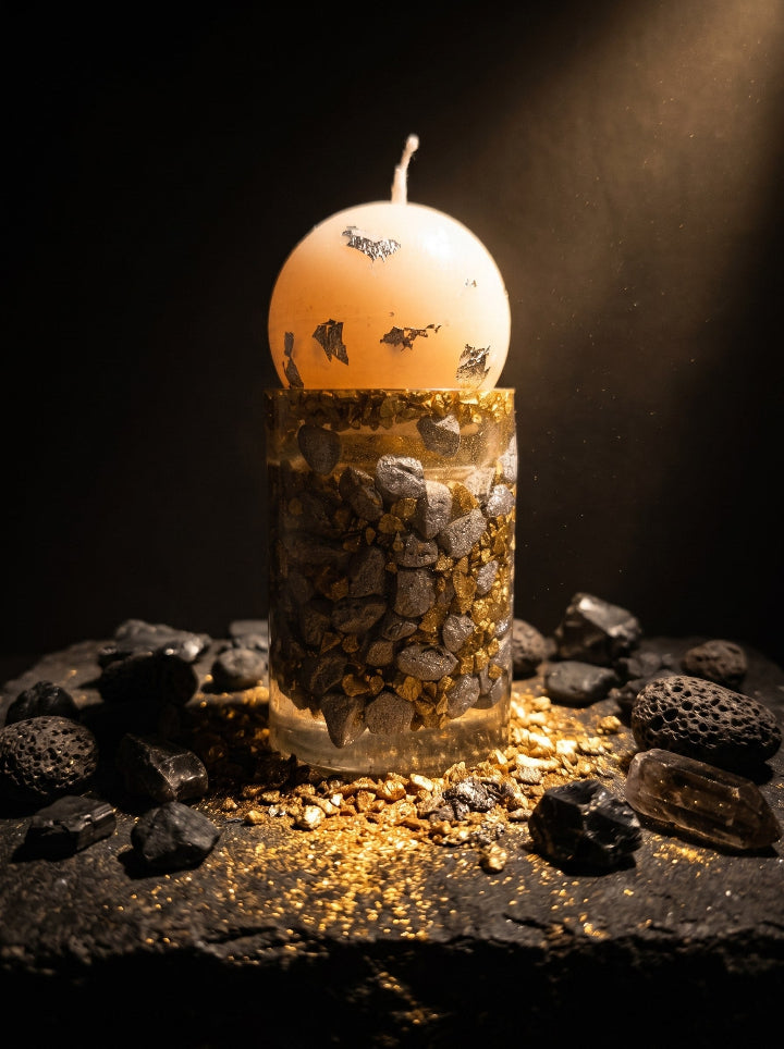 "Solstice Pillar" Mini handcrafted beeswax candle on resin stand – gold finish
