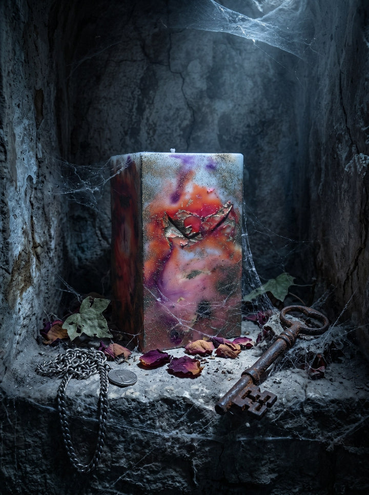 "Catharsis" handcrafted beeswax candle on Pompeian Red resin stand