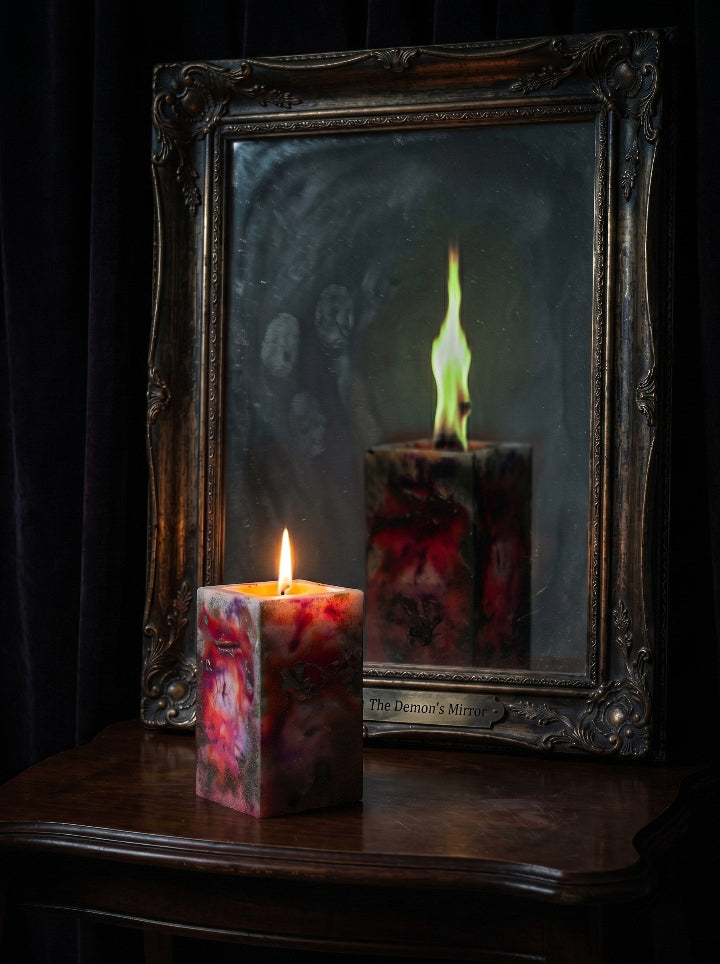 Handcrafted beeswax candle 320g on decorative resin stand – side view