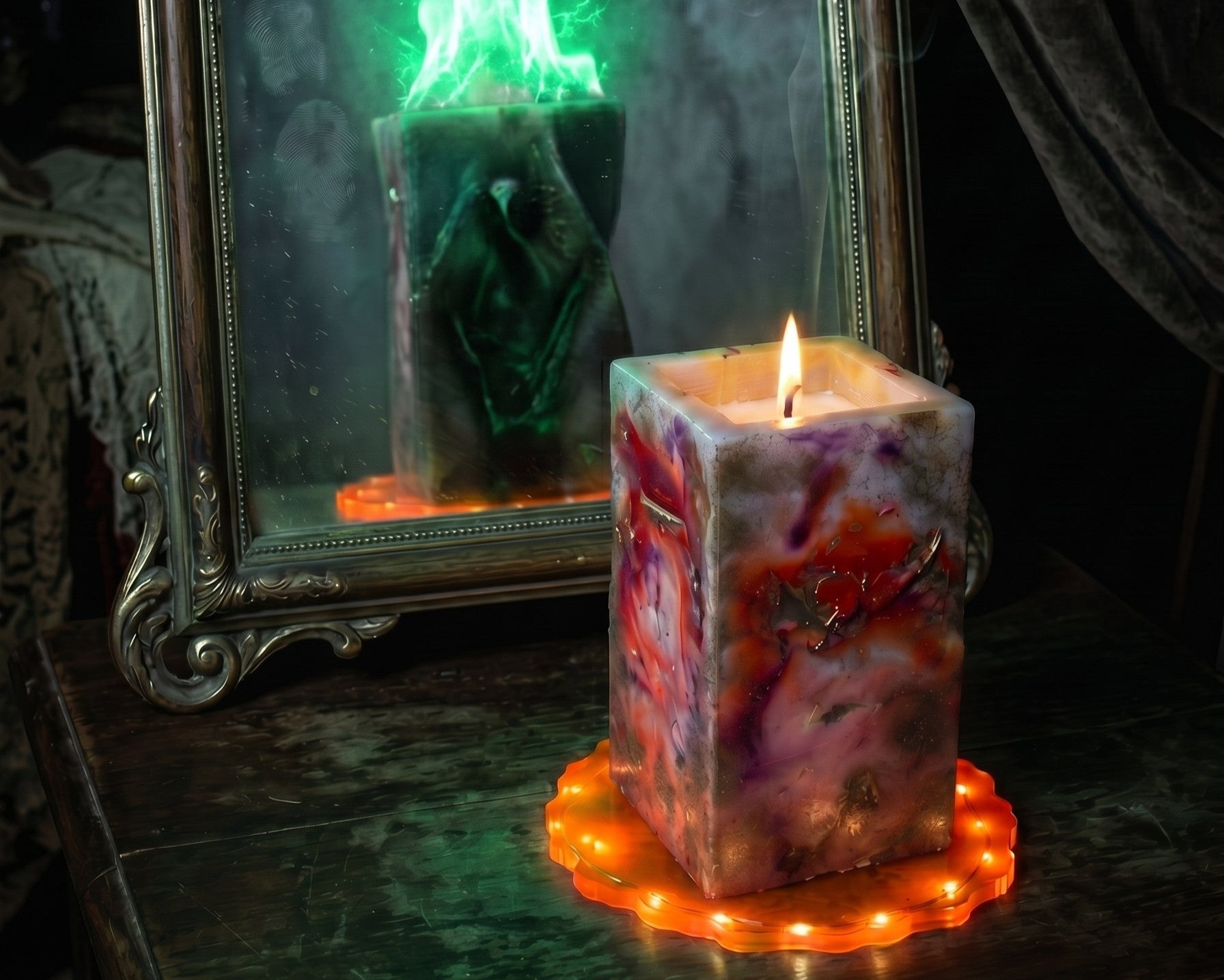 Decorative candle with a mirror reflecting a green light in a dark setting