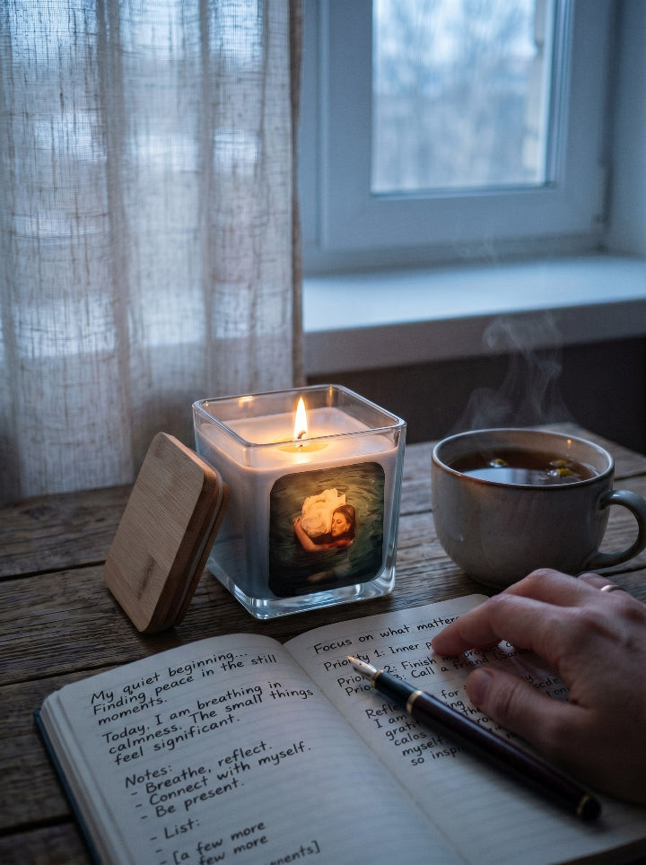 Vignette glass jar candle with photo — premium gift packaging, handmade in Spain
