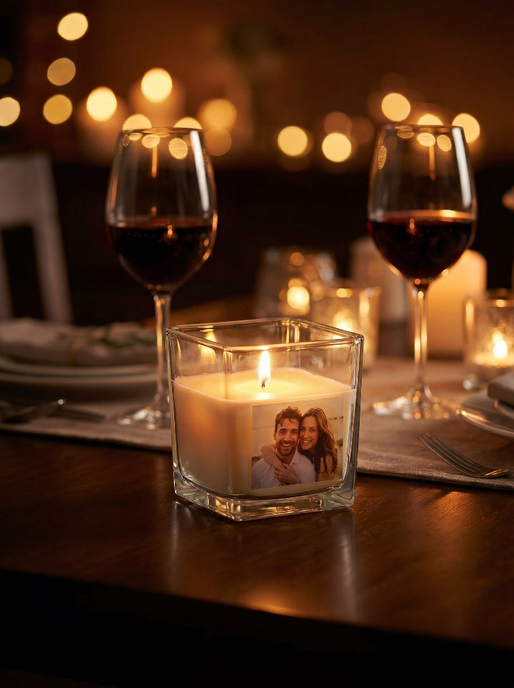 Custom photo candle in glass jar — 4 sides personalised beeswax, handmade in Spain