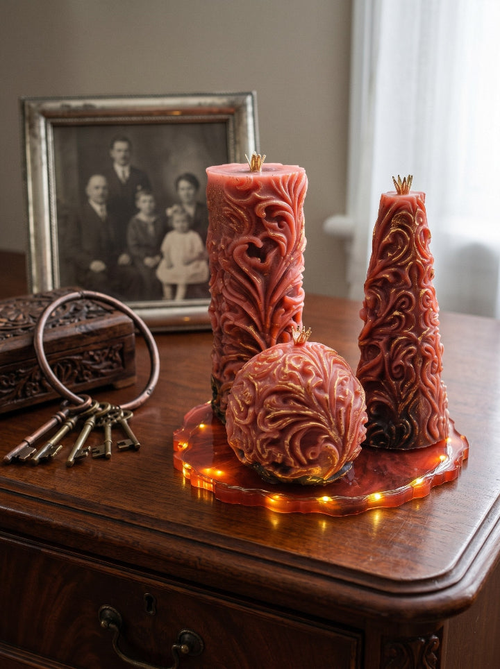 King's Solace handmade beeswax candle set – premium gift packaging with resin stand lid