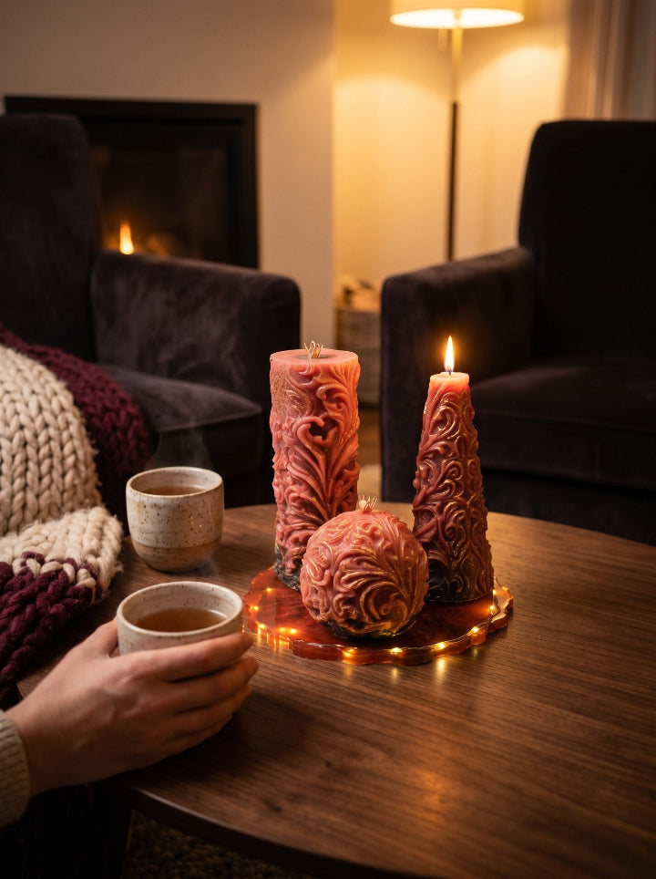 King's Solace candle set – Cone candle on resin stand, Pompeian Red, side view