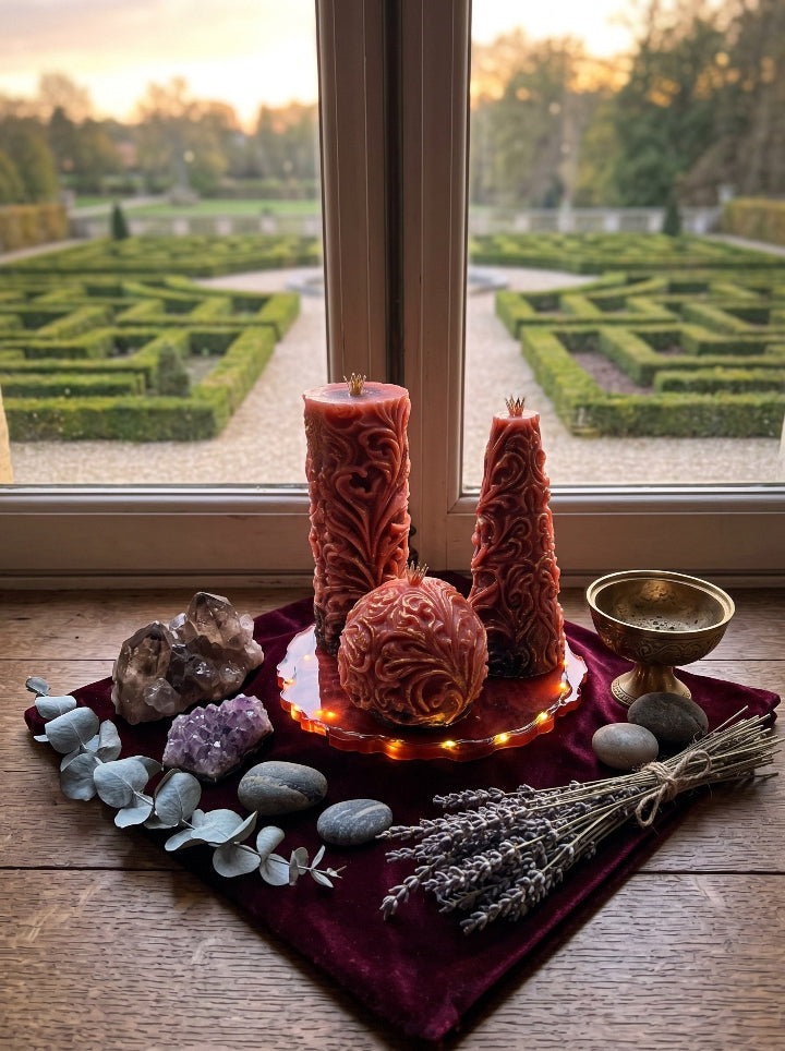 King's Solace SET 3 candles – Ball, Cone and Tower on resin stand, top view