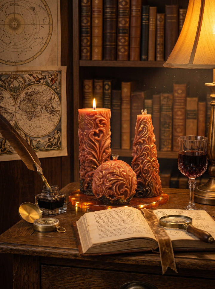 King's Solace Tower candle on resin stand – Pompeian Red beeswax, detail view