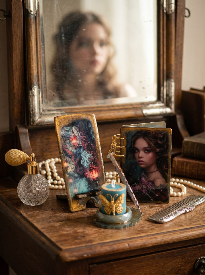 Handmade epoxy resin notebook with gilded butterfly and mystic art