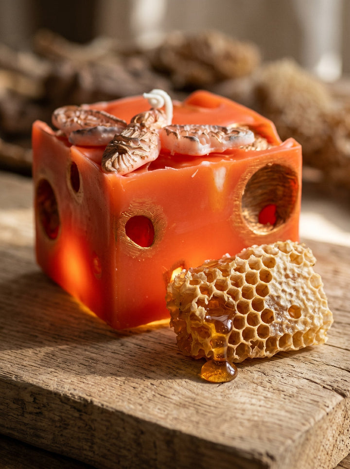 "Bee's Relic" beeswax candle as centrepiece at a warm family dinner table, ConelAlma ESP