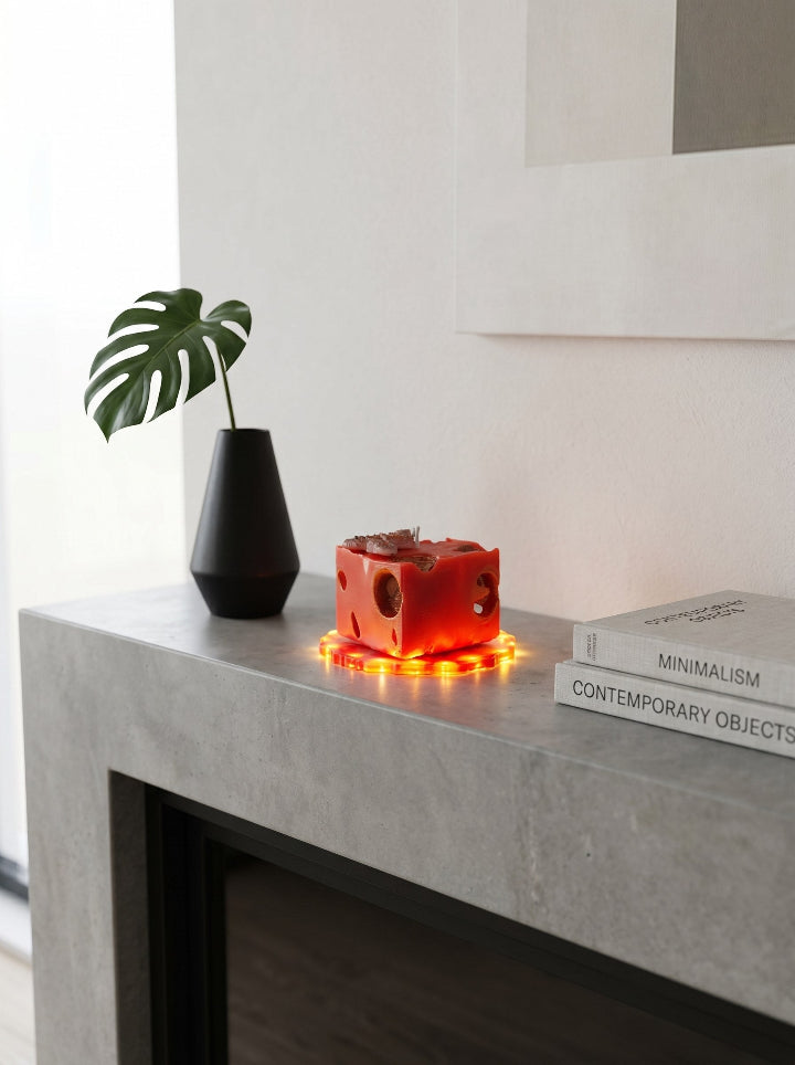 "Bee's Relic" beeswax candle on resin stand styled on marble shelf with eucalyptus branches, ConelAlma ESP