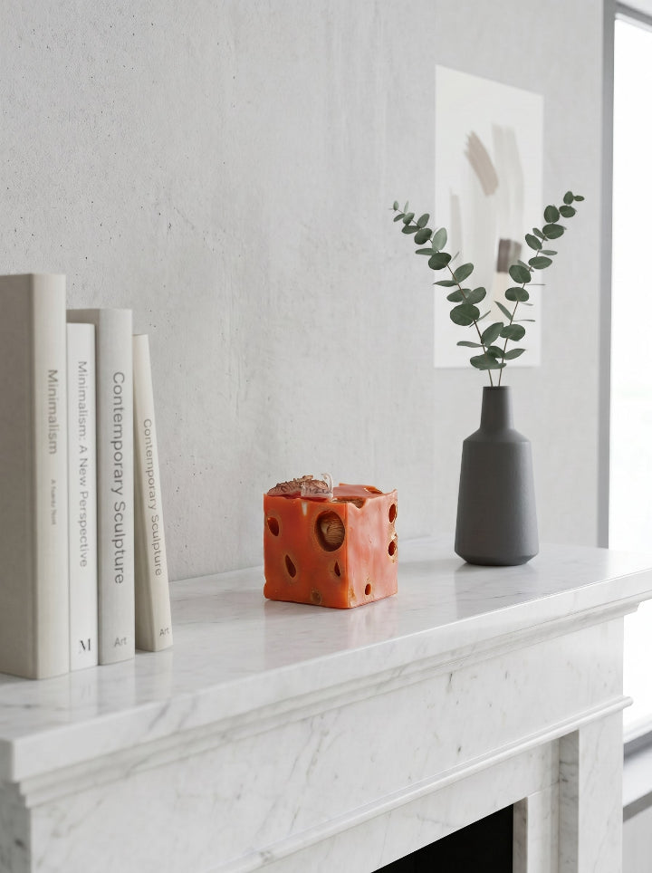 "Bee's Relic" beeswax candle on resin stand on marble fireplace shelf with eucalyptus decor, ConelAlma ESP
