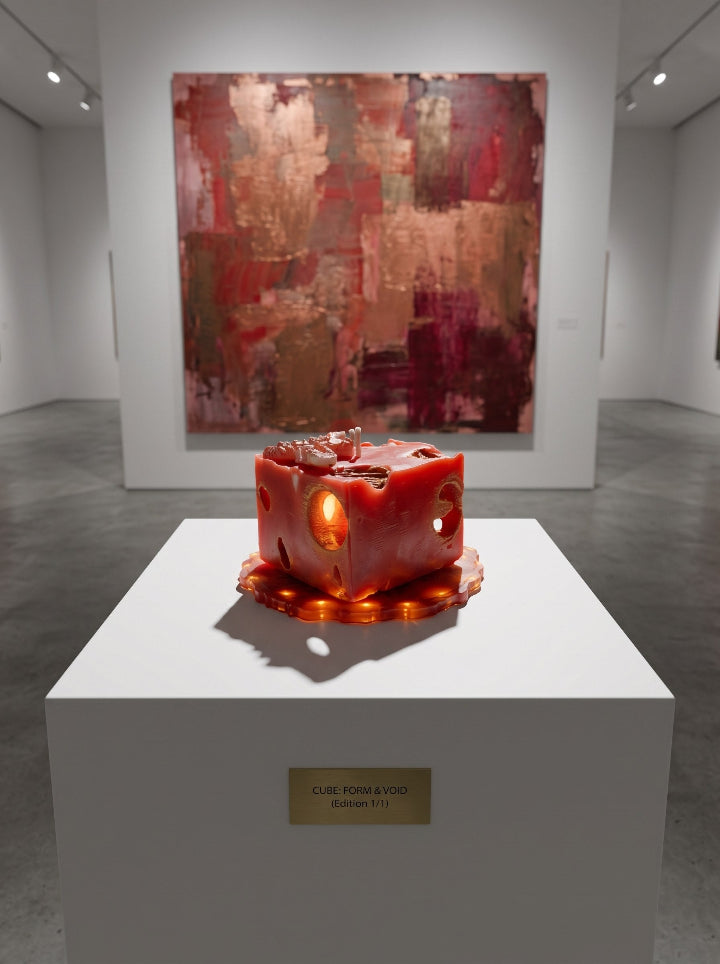 "Bee's Relic" beeswax candle on LED resin stand displayed as art object in a contemporary gallery, ConelAlma ESP