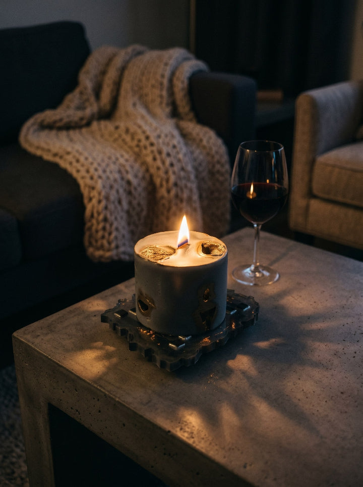 Hidden Ember candle on resin stand — lifestyle flat lay | ConelAlma ESP