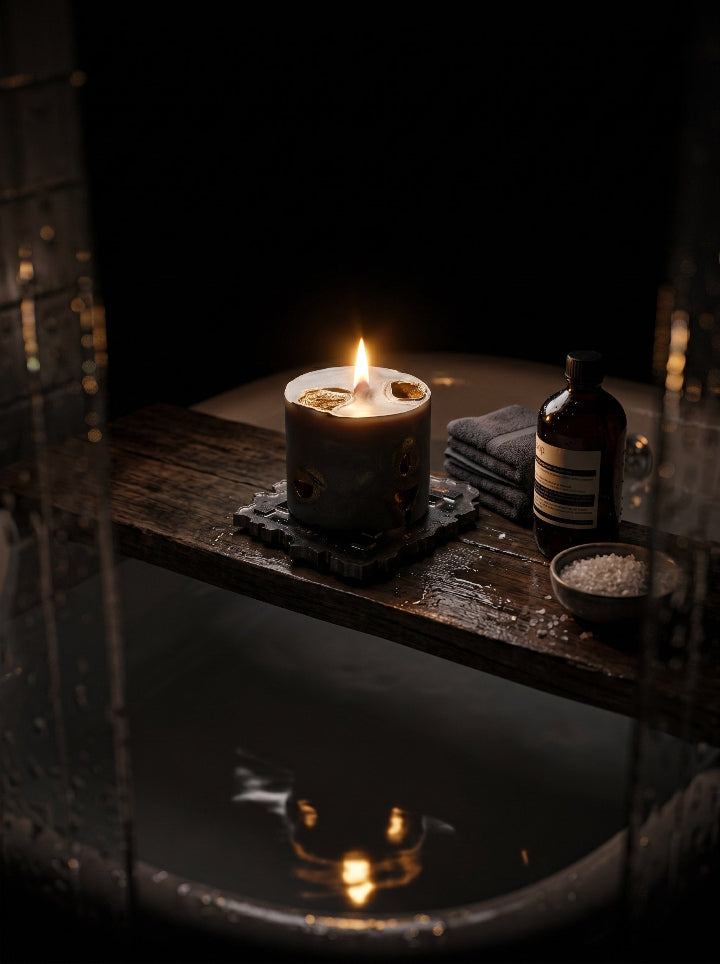 Premium gift candle on resin stand — top view | ConelAlma ESP
