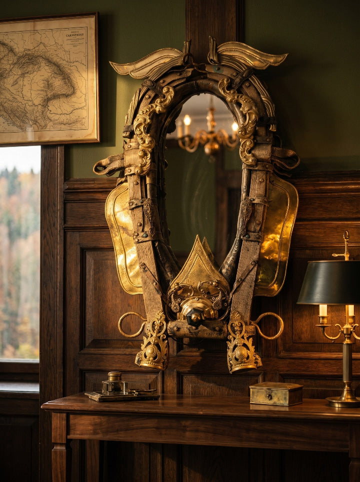 Transylvanian Ride mirror side profile — structural detail of matched horse collar pair, ConelAlma ESP