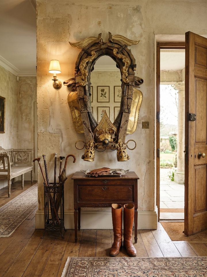 Antique Romanian horse-collar mirror with pressed metal mounts — full composition, statement piece