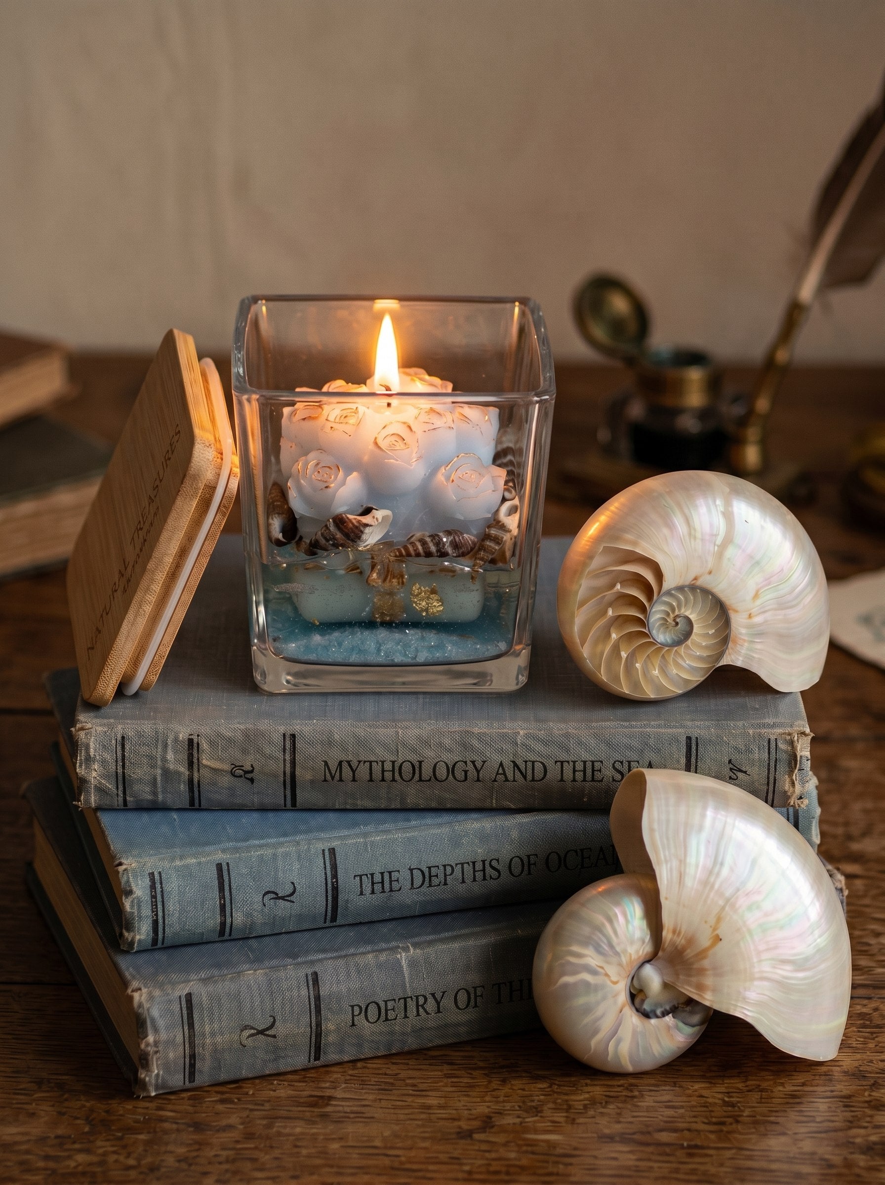 Close-up of 100% beeswax candle surface in Sea Breeze colour, Calypso's Garden by ConelAlma ESP Spain