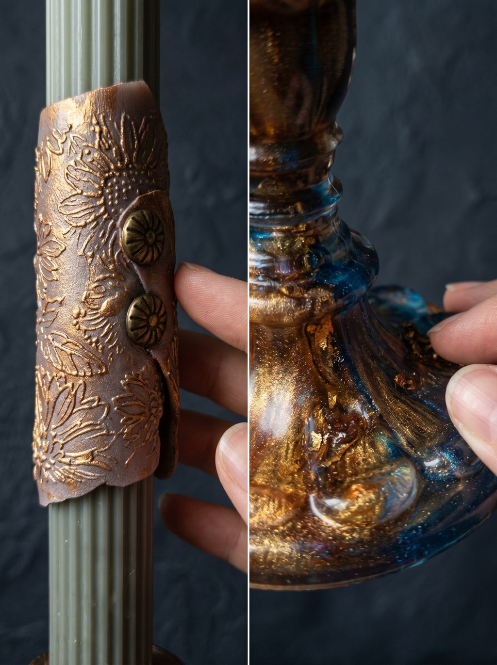 Gilded Vestige luxury beeswax candle on resin stand styled as home decor, premium handmade candle gift by ConelAlma ESP